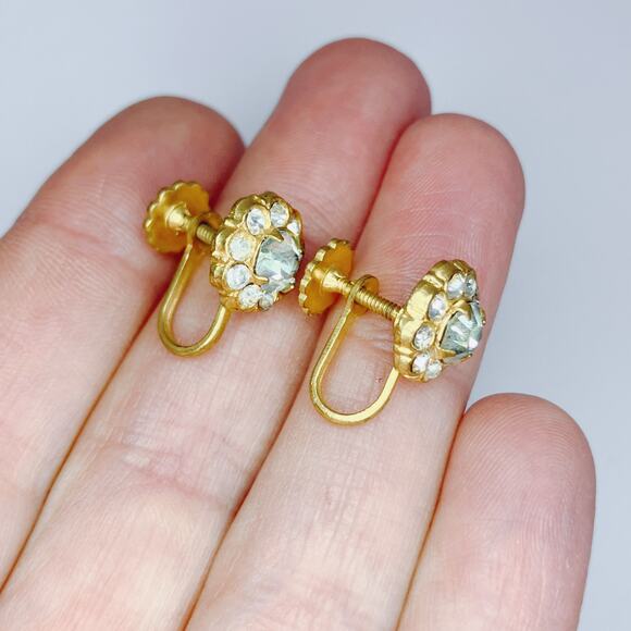 Vintage Coro Signed 1940s Rhinestone Screw Back Earrings Mid Century Gold Tone - Picture 13 of 14